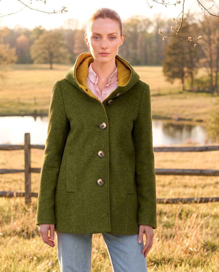 Damen-Walkmantel „Cosy Sarah“ aus gekochter Wolle in Moss Green