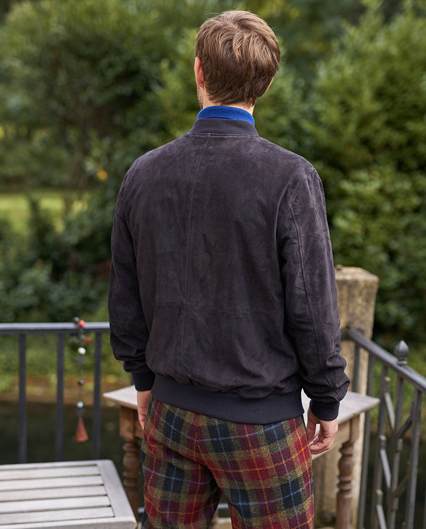 Men's Leather Blouson "Bomber" in navy goatskin suede