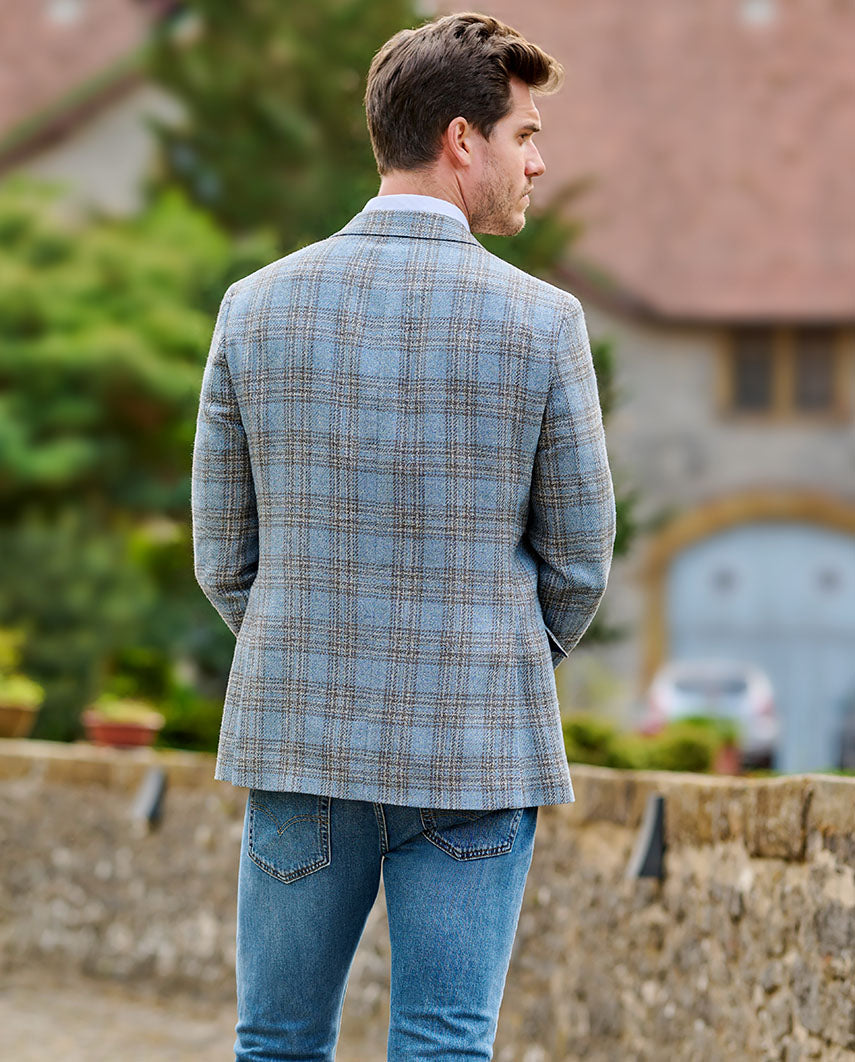 Leichtes Sommersakko ,,London SO'' aus Schurwoll-Mix in light blue check