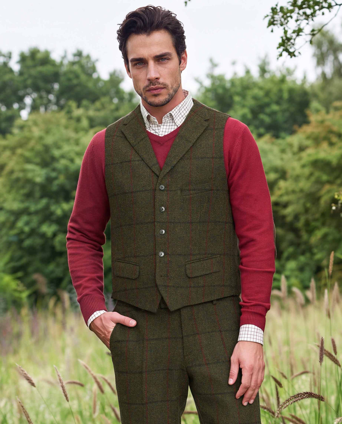 Harris Tweed Weste "Wales" in green Overcheck
