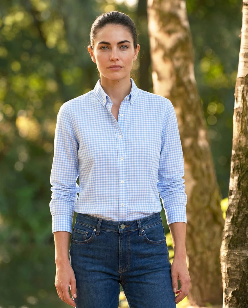 Button-down damesblouse "Stella" in blue vichy - Wellington of Bilmore