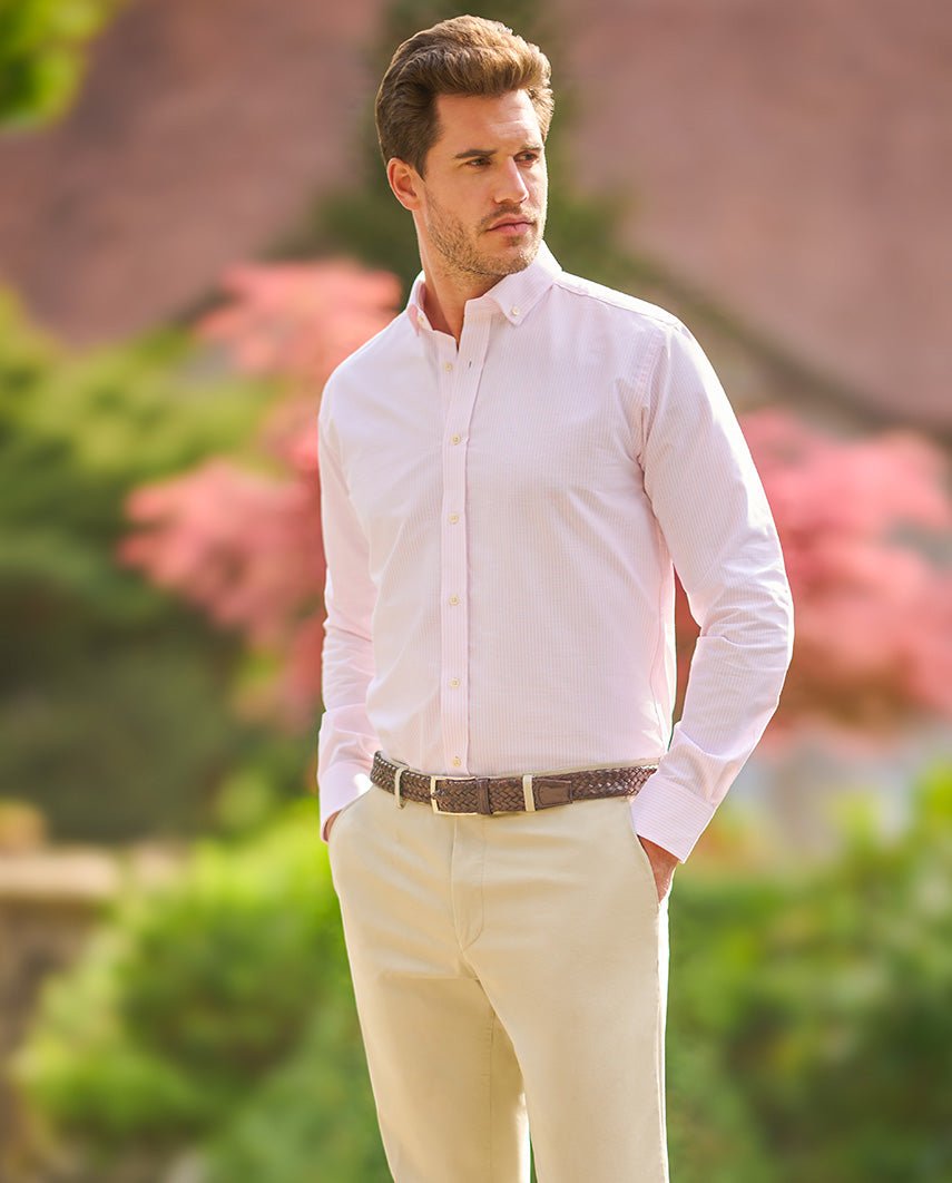 Button-down overhemd "Steward" in roze-witte oxford streep - Wellington of Bilmore