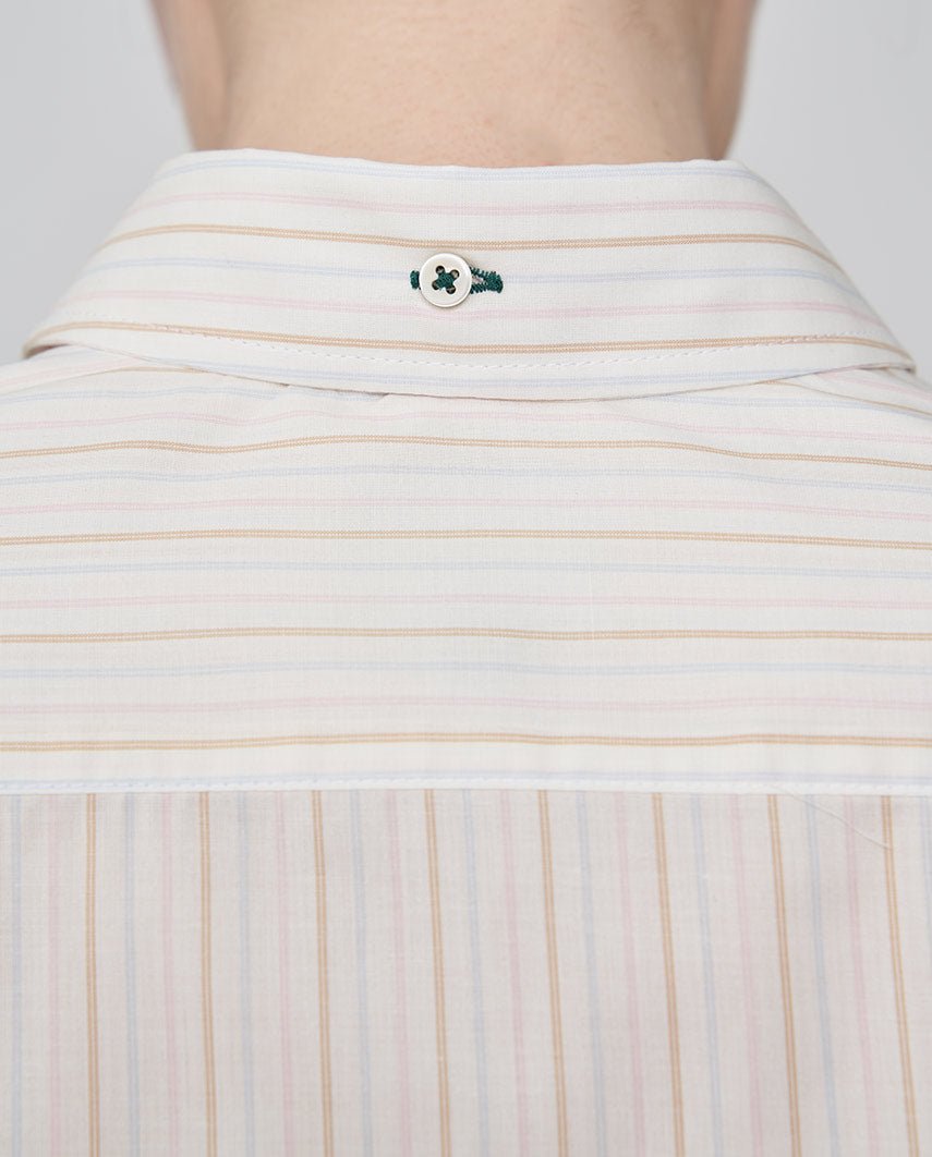 Damesblouse "Stella" van katoen-zijde – Beige Rose Blue Stripe - Wellington of Bilmore