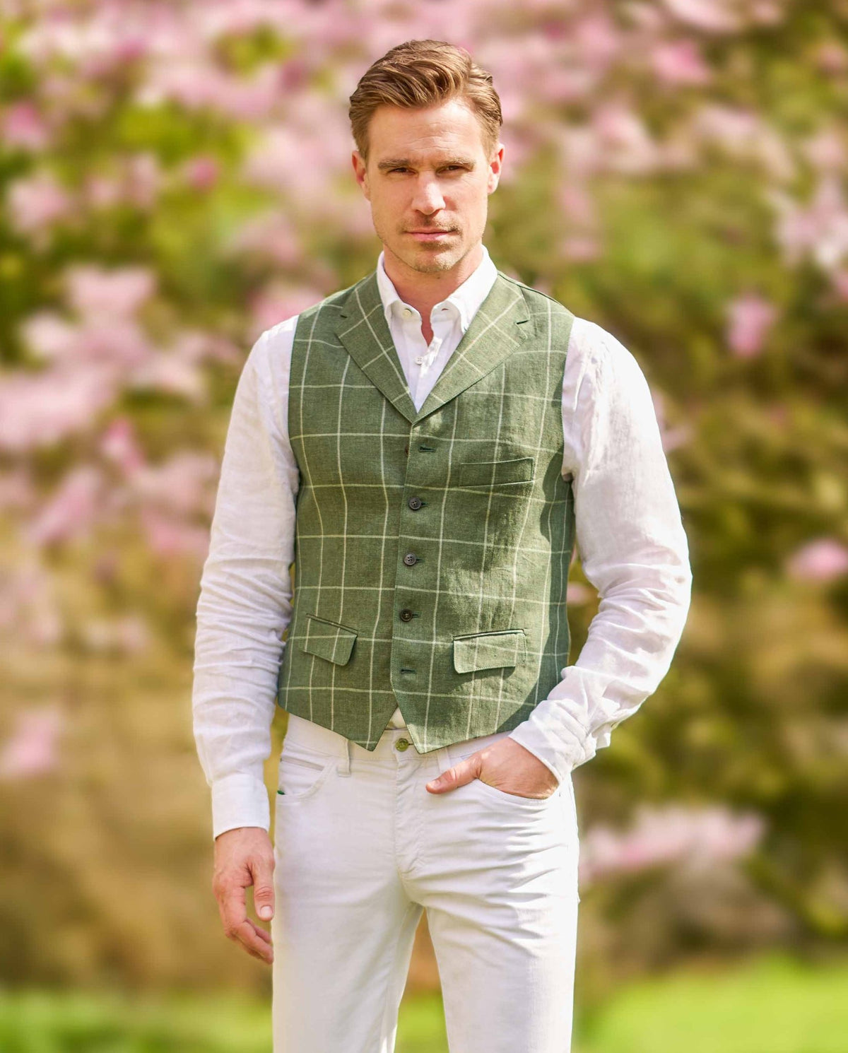 Edel linnen herengilet "Wales" in groene windowpane-ruit - Wellington of Bilmore