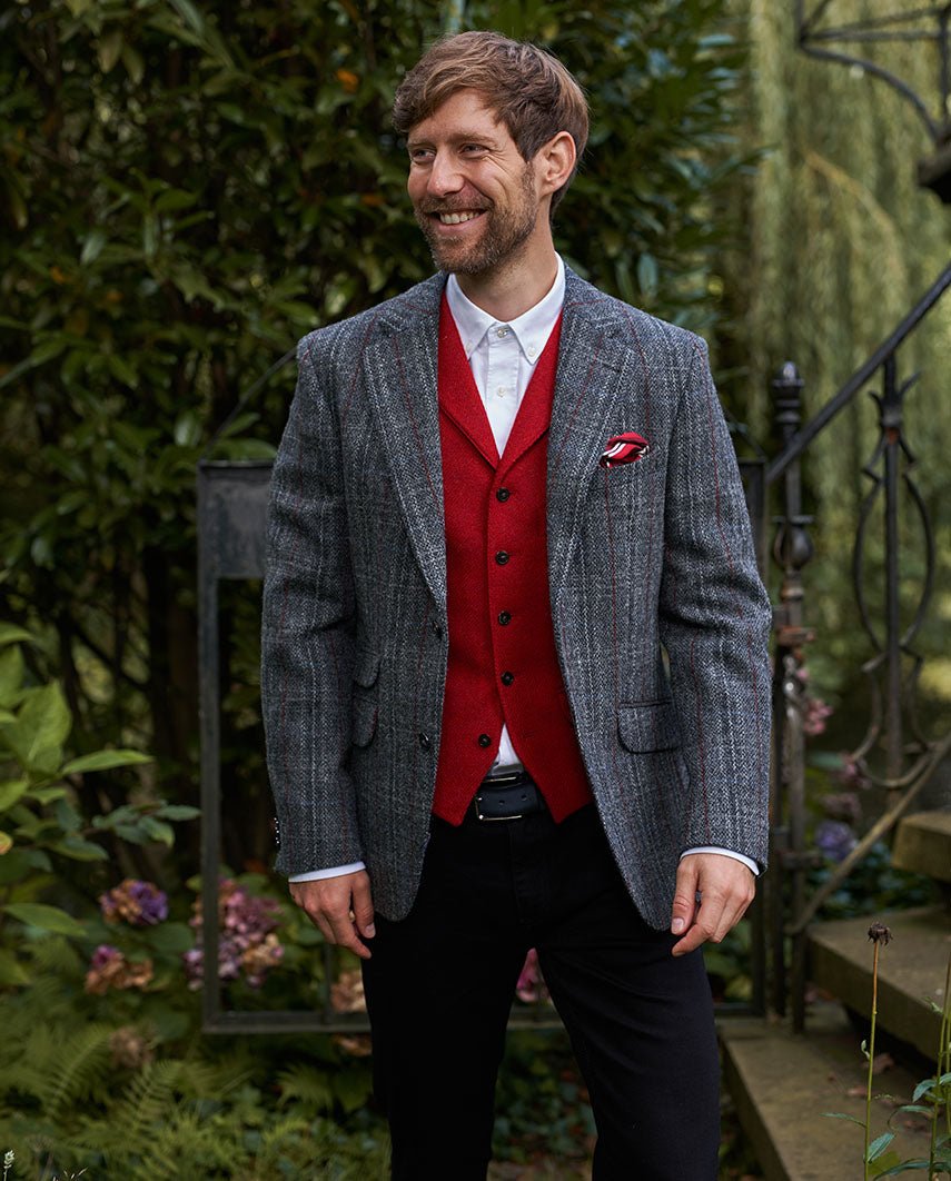 Harris Tweed Sakko ''London'' in grey - red - blue Overcheck - Wellington of Bilmore