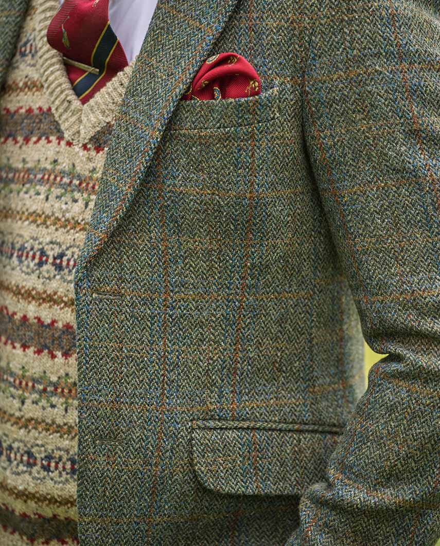 Harris Tweed Sakko ''London'' in oliv-blue Overcheck - Wellington of Bilmore