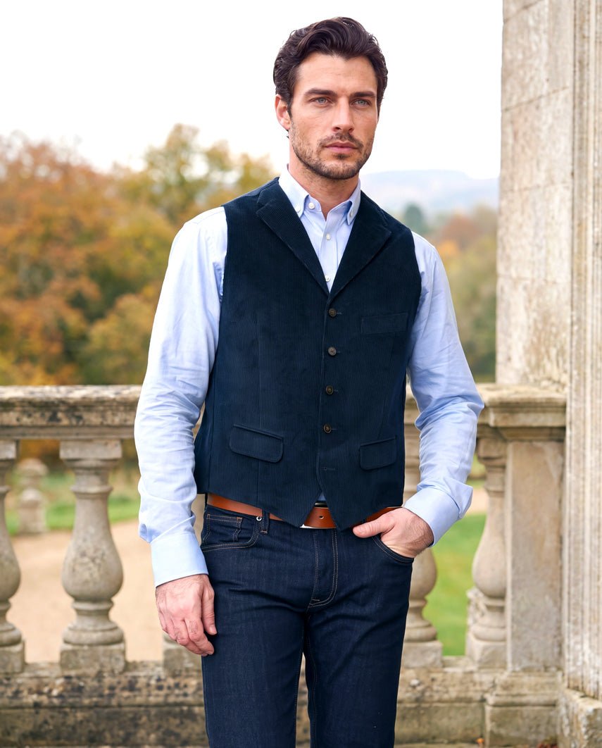 Heren ribfluwelen gilet "Wales" in navy - Wellington of Bilmore