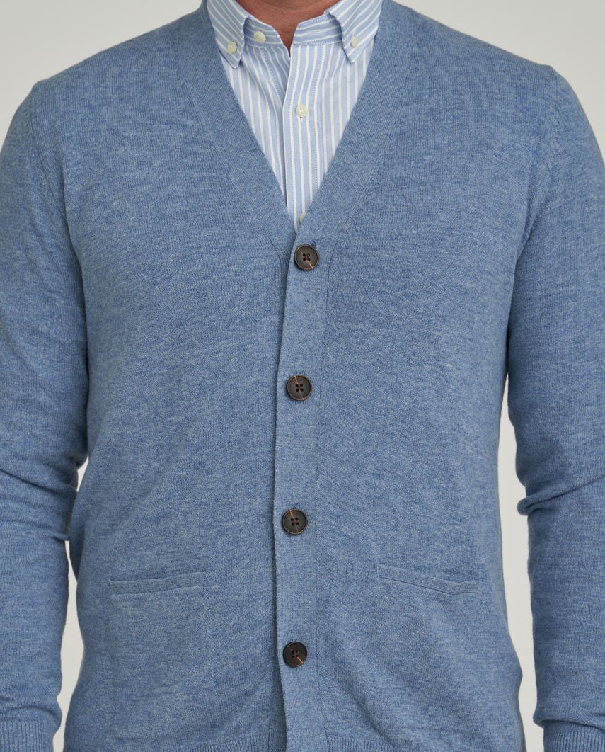 Heren merino vest "The Cardigan" in blue - Wellington of Bilmore