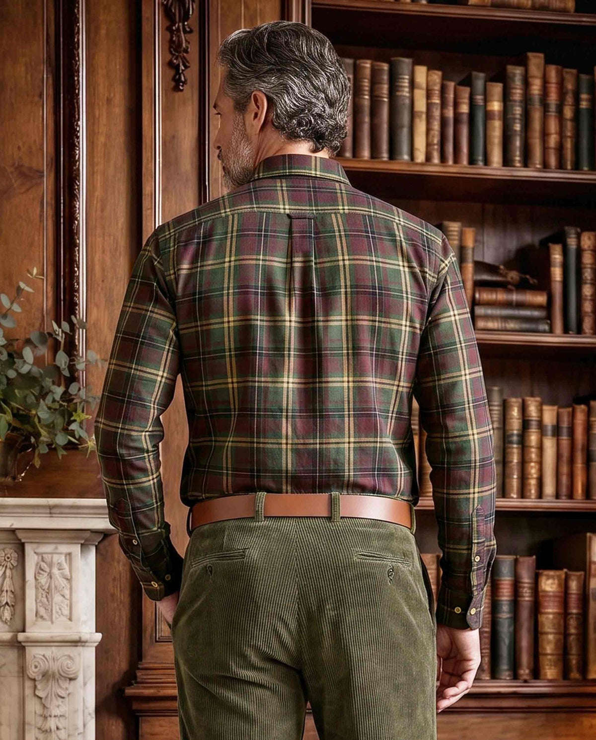 Herrenhemd ‚,Steward'‘ mit Button-Down-Kragen – oliv plum check - Wellington of Bilmore