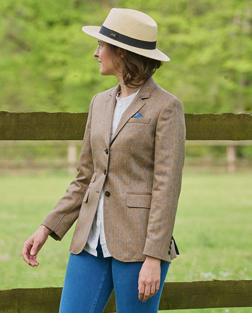 Damen Seidenblazer „Carola“ im Fischgrat Dessin mit blauem Überkaro