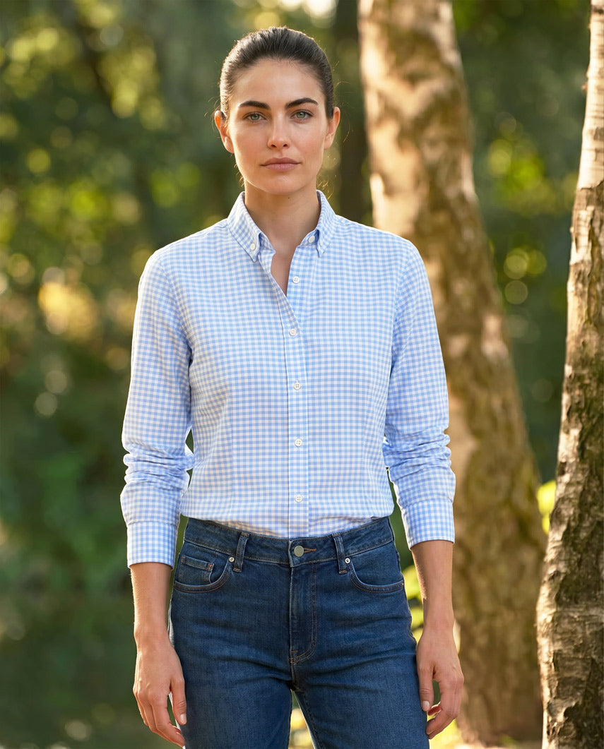 Button-Down Damenbluse „Stella“ in blue vichy