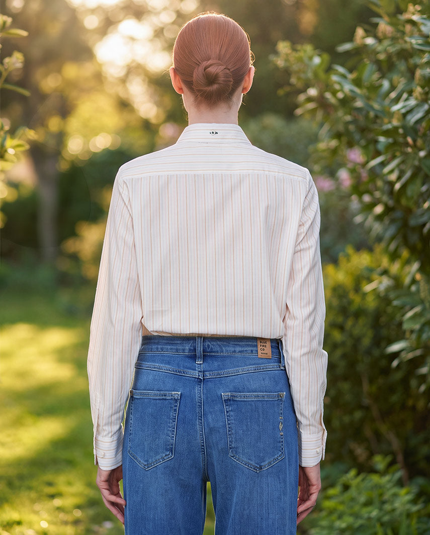 Damenbluse ,,Stella'' aus Baumwoll-Seide – Beige Rose Blue Stripe
