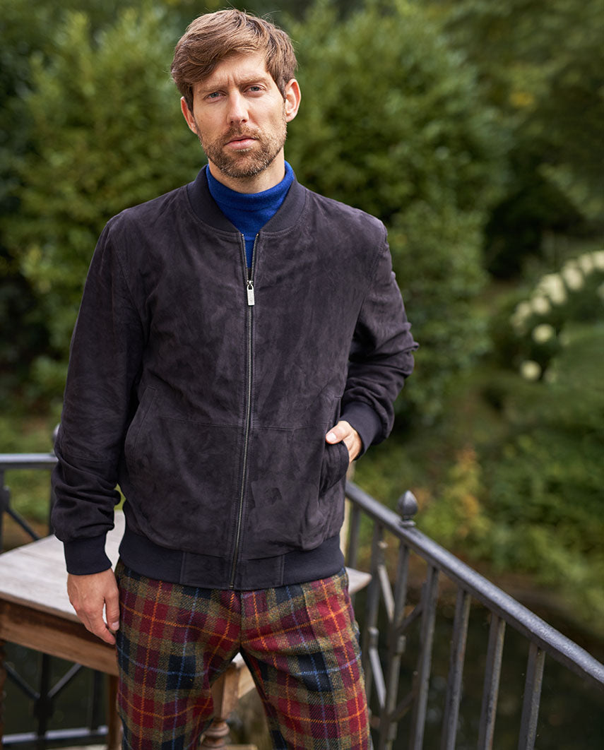 Herren Lederblouson ”Bomber” aus Ziegenvelours in navy