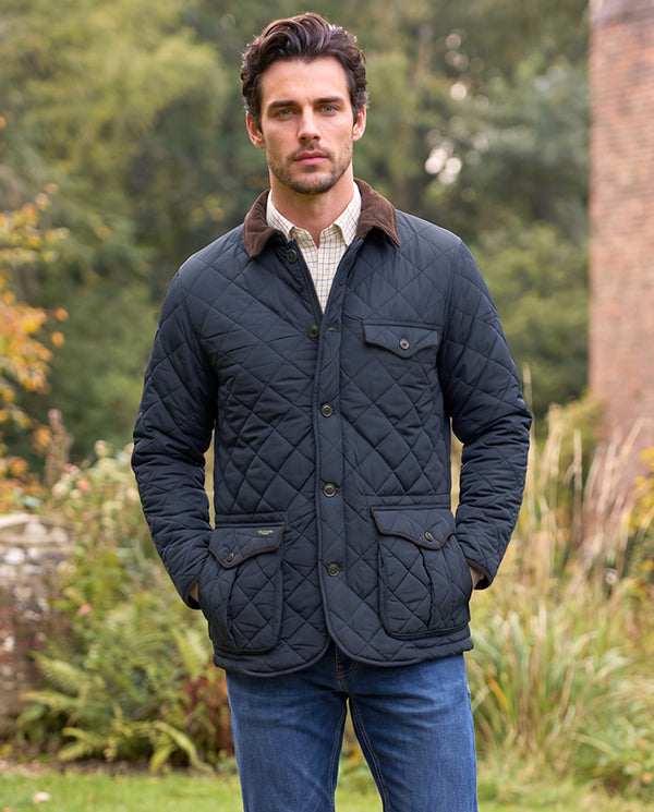 Heren gewatteerde jas "Boston" in navy met Harris Tweed-applicaties