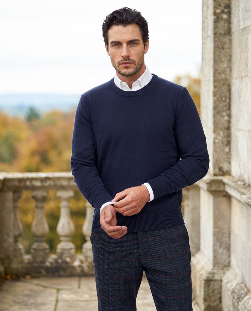 Merino-Lambswool Herrenpullover „Jordan“ in navy – mit Harris-Tweed-Details