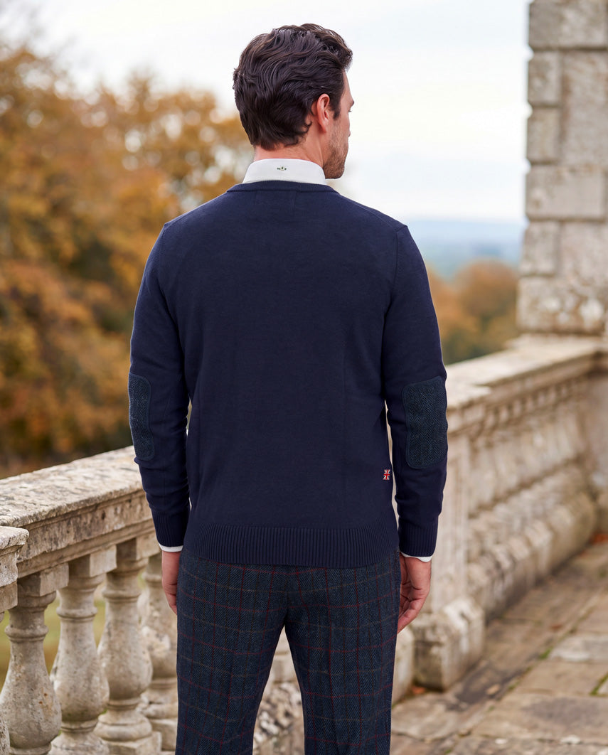 Merino-Lambswool Herrenpullover „Jordan“ in navy – mit Harris-Tweed-Details