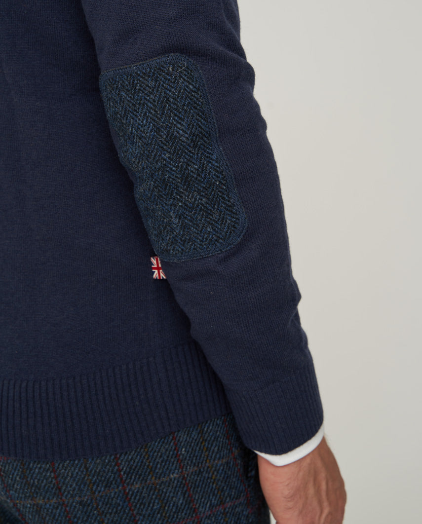 Merino-Lambswool Herrenpullover „Jordan“ in navy – mit Harris-Tweed-Details