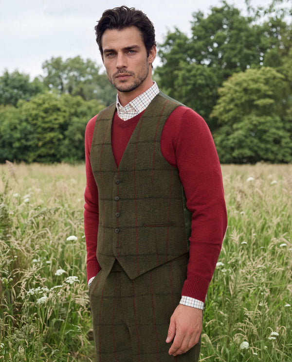 Tailor - Harris Tweed gilet met zijden rug in Green Overcheck
