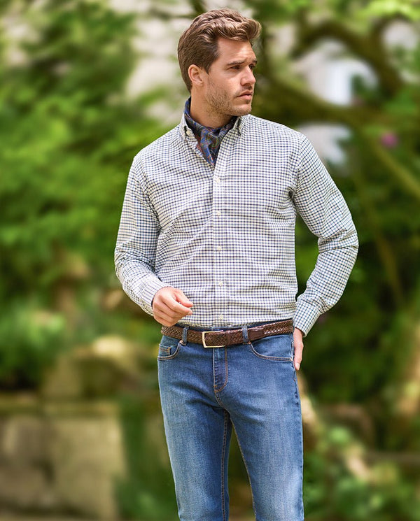 Button-down overhemd "Steward" in blauwe tattersall-ruit