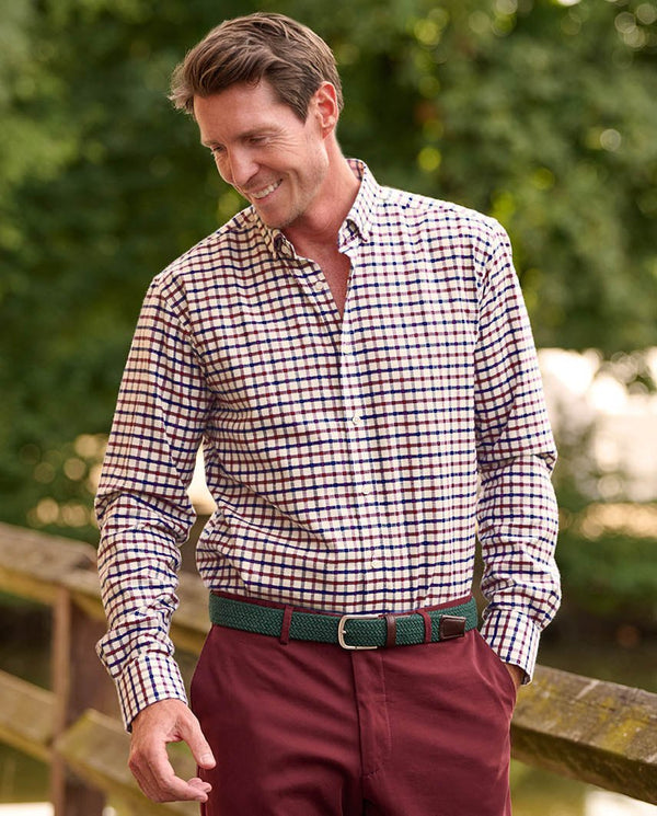 Button-down overhemd "Steward" in bordeauxrood-blauwe windowpane-ruit
