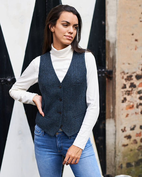 Harris Tweed damesgilet "Lea" in blue herringbone