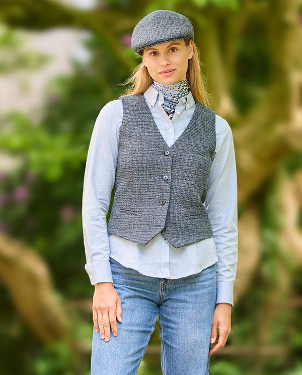 Dames Harris Tweed gilet "Lea" in blue Houndstooth