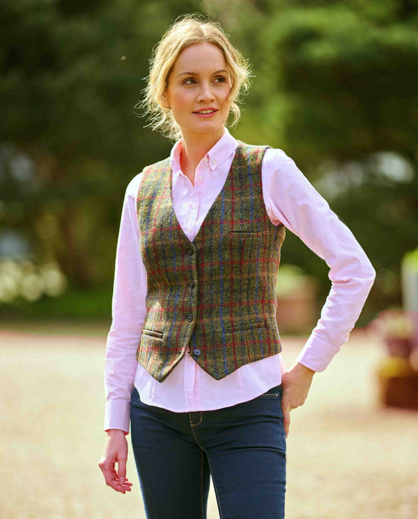 Harris Tweed damesgilet "Lea" in red-blue Check