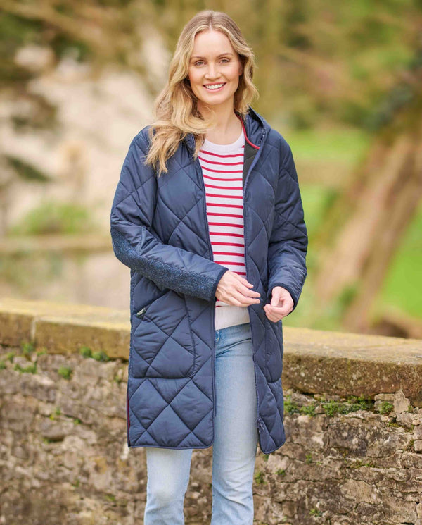 Gewatteerde damesmantel "Perth Polar" met polar fleece en Harris Tweed applicaties in navy