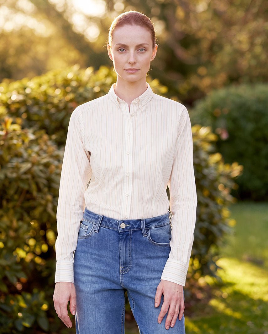 Damesblouse "Stella" van katoen-zijde – Beige Rose Blue Stripe, productkaart