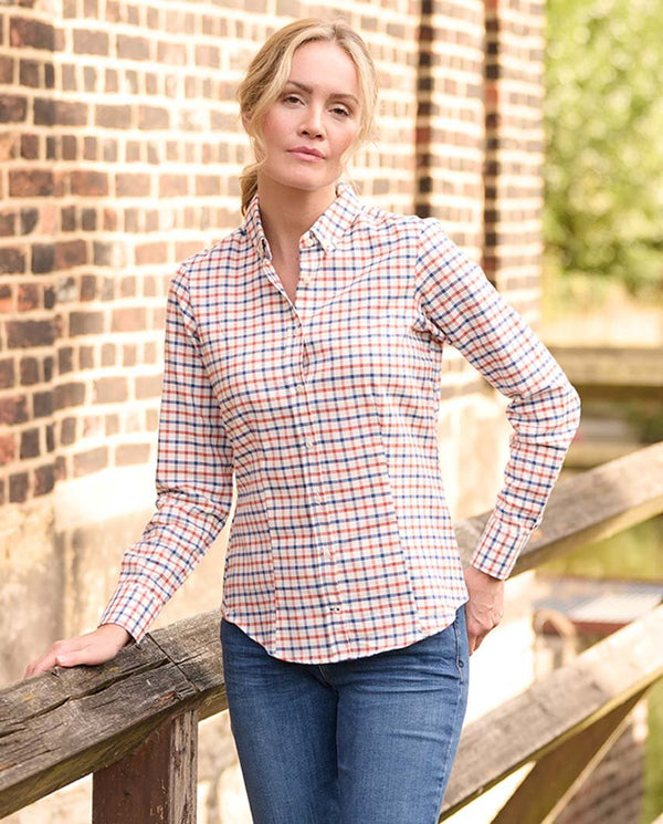 Damesblouse "Stella" in oranje-blauwe windowpane-ruit