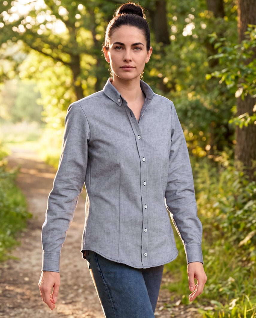 Damesblouse "Stella" in Oxford Blue – heavy oxford katoen, productkaart