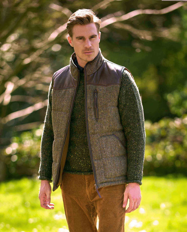 Gevoerd Harris Tweed gilet "Levi" met leren applicaties