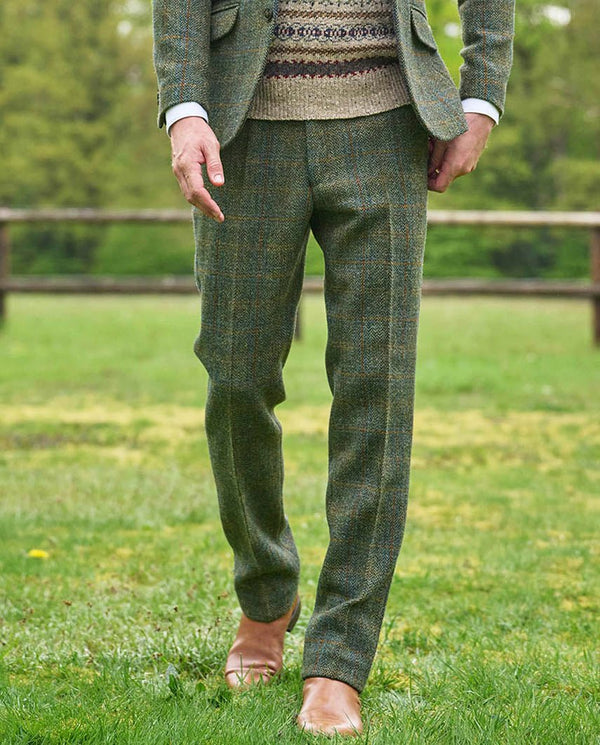 Harris Tweed broek "Mr. Miller" in oliv-blue Overcheck