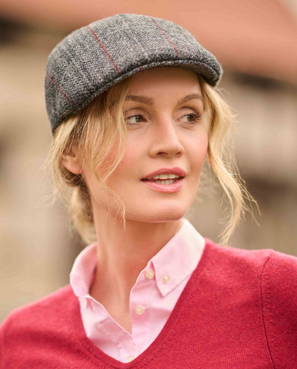 Harris Tweed flatcap "Henry Cap" in grey-red-blue Overcheck