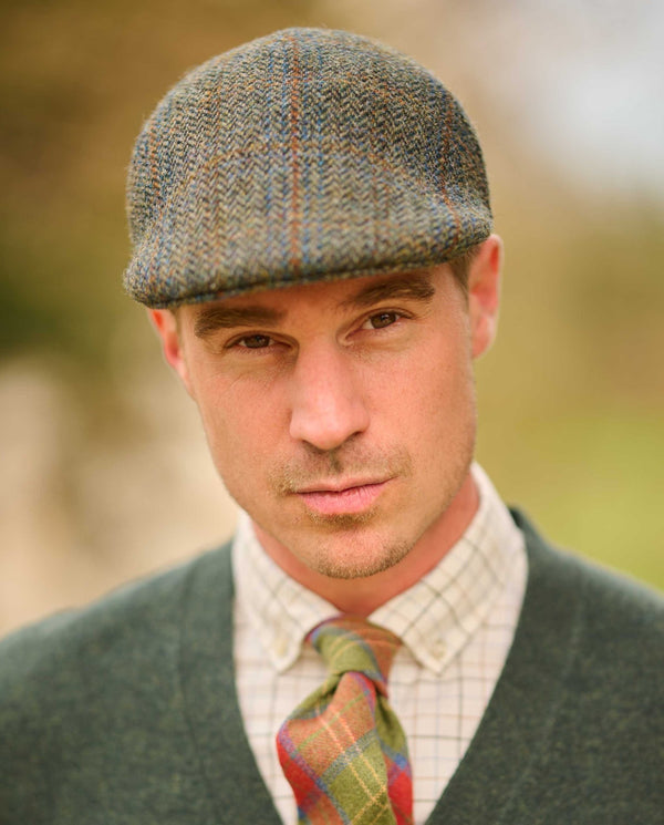 Harris Tweed flatcap "Henry Cap" in oliv-blue Overcheck