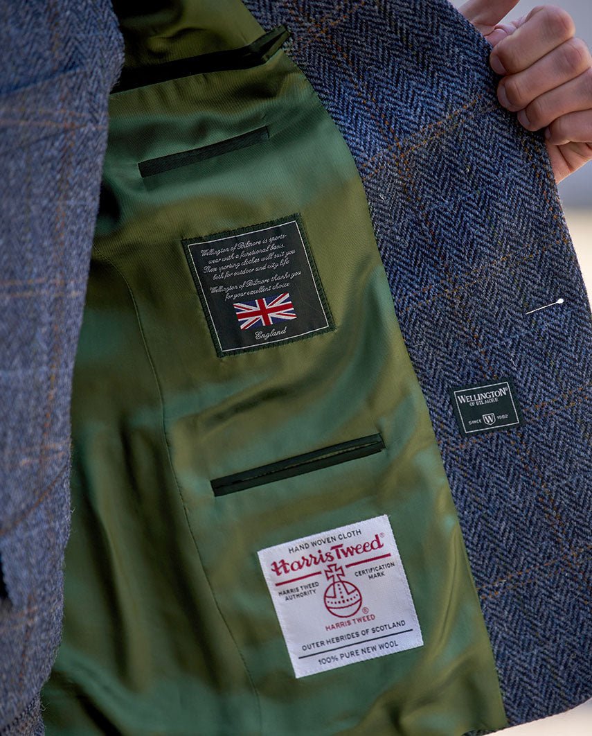 Harris Tweed colbert "London" in grey-blue herringbone - Wellington of Bilmore
