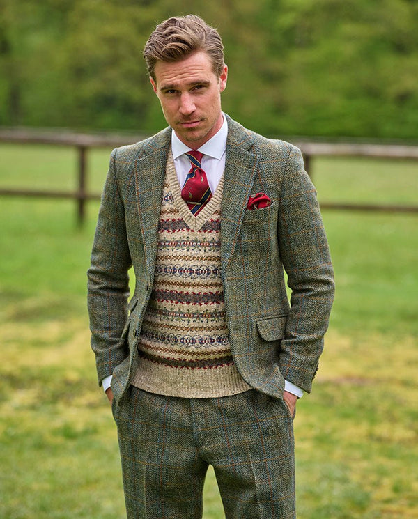 Harris Tweed colbert "London" in olive-blue Overcheck
