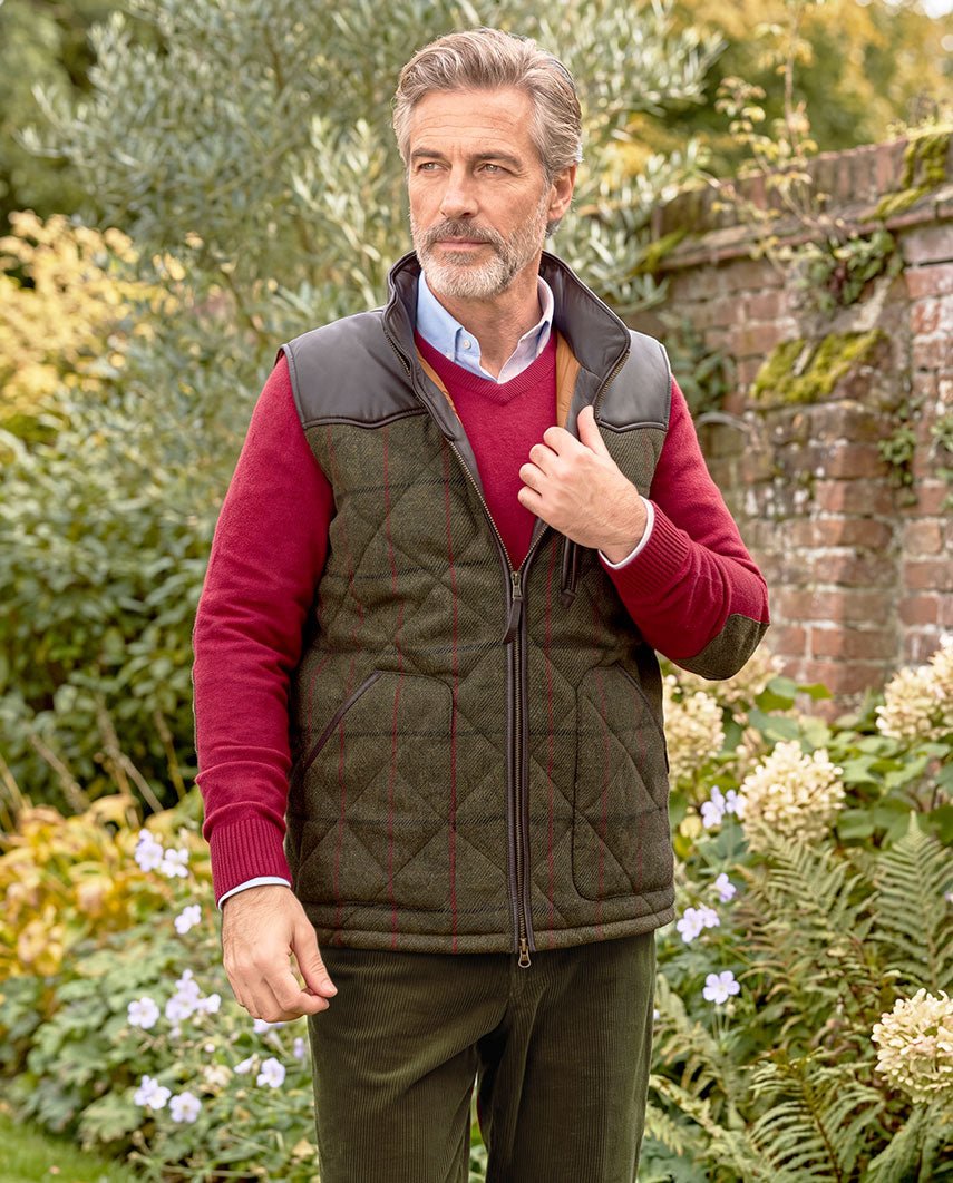 Harris Tweed gewatteerd vest heren – Levi Vest in green overcheck, productkaart