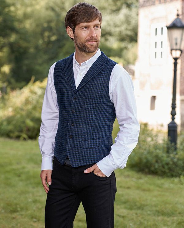 Harris Tweed gilet "Wales" in blauw-zwarte pied-de-poule