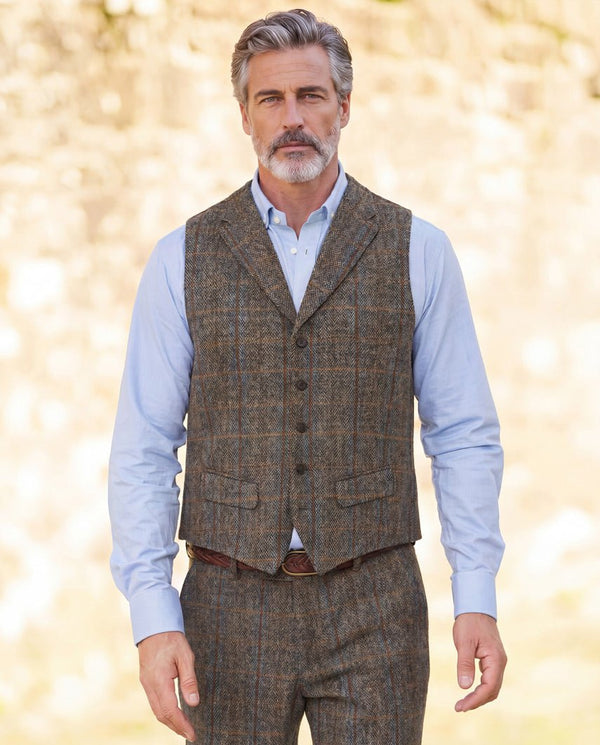 Harris Tweed gilet "Wales" in green blue Herringbone
