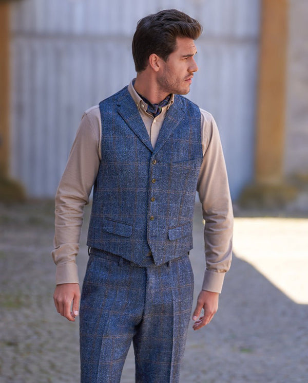 Harris Tweed gilet "Wales" in grey-blue herringbone