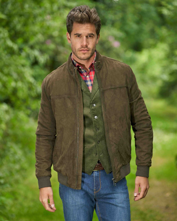 Heren leren blouson "Vivian" van geitensuède in Washed Oliv