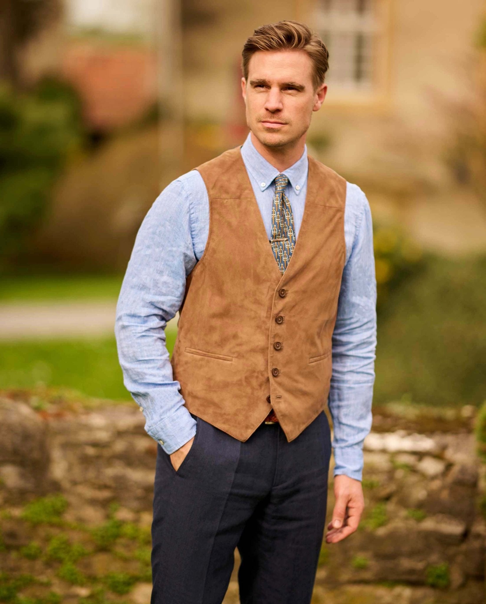 Herren Lederweste ”Tailor” aus feinstem Ziegenvelours in cognac - Wellington of Bilmore