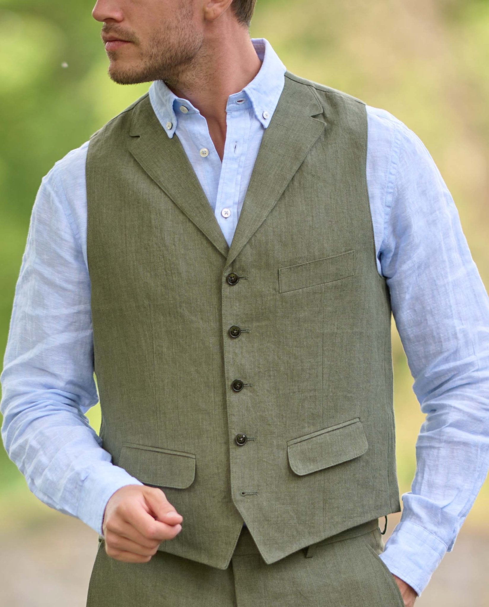 Herren Leinenweste ''Wales'' in oliv - Wellington of Bilmore