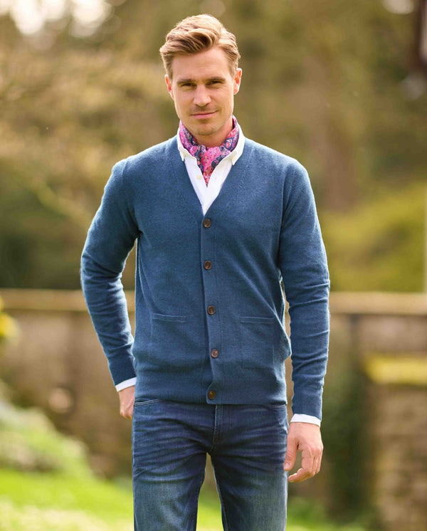 Merino herenvest "The Cardigan" in denim blue