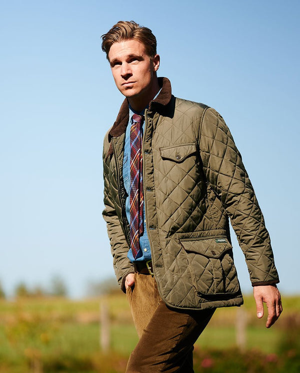 Heren gewatteerde jas "Boston" in olijfgroen met Harris Tweed-applicaties