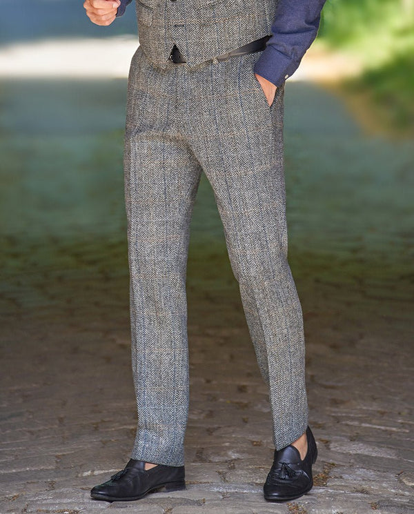 Herenbroek "Mr. Miller" van Harris Tweed in grey herringbone
