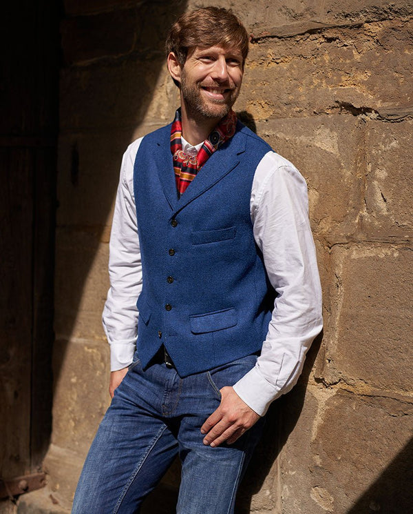 Wales - blauw Harris Tweed gilet met kraag