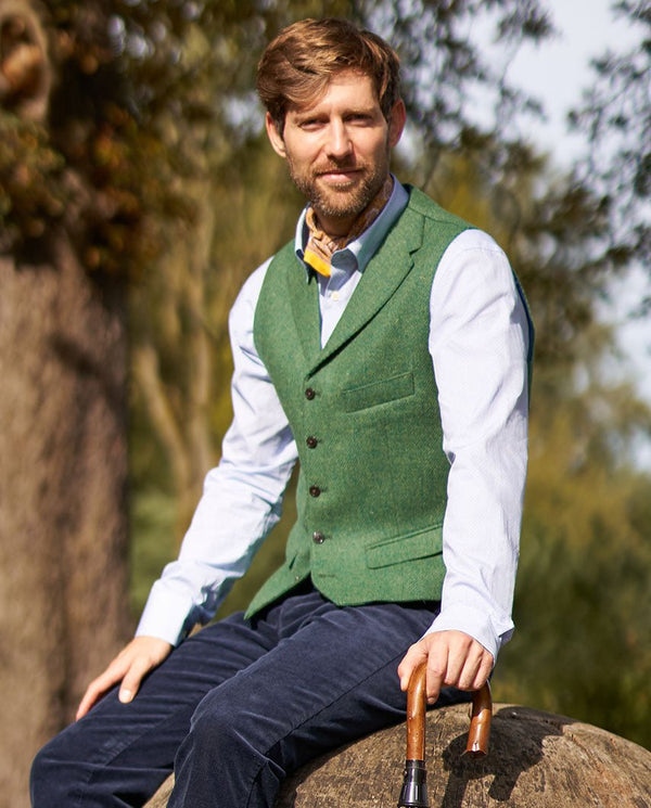 Wales - groen Harris Tweed gilet met kraag